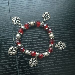 Chic Silver and Red Heart Charm Bracelet